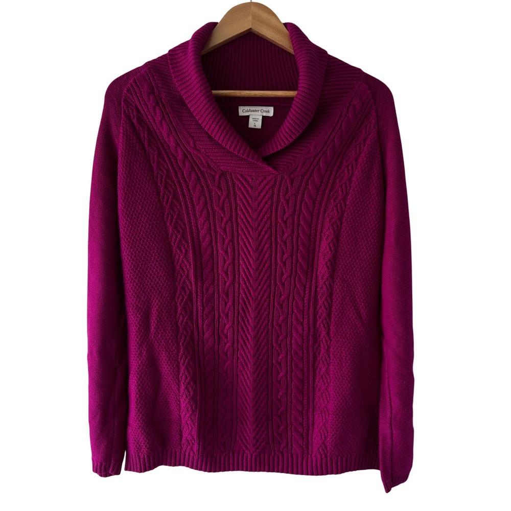Coldwater Creek Cable Knit Shawl Collar‎ Sweater Magenta Pink Womens L 14 Cozy